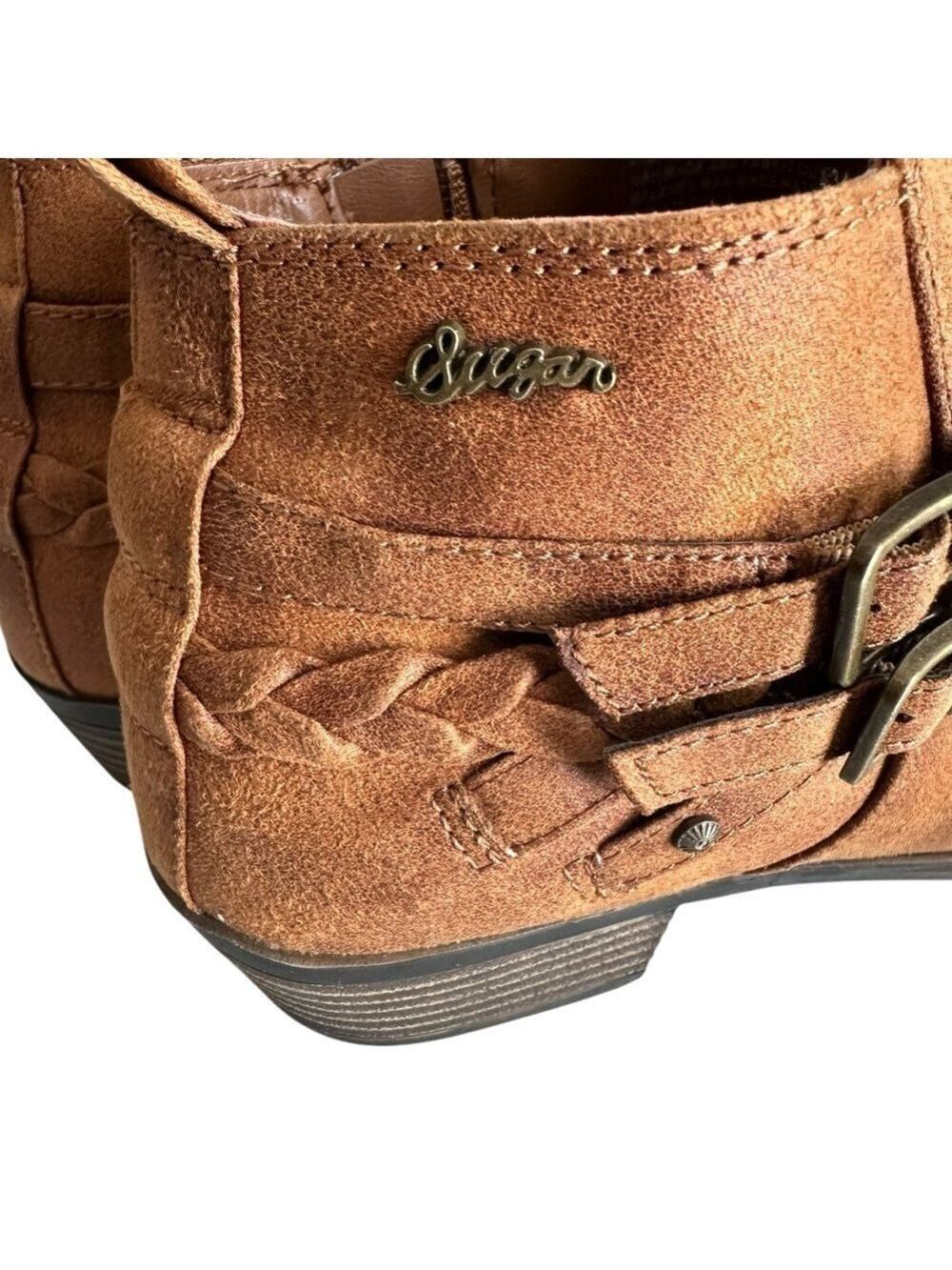 Sugar Tinworker Cognac Faux Suede Heeled Brown Zip Up Ankle Booties Women’s 8.5M - Picture 5 of 9